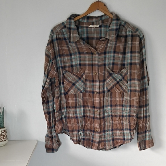 eesome Tops - Ee:Some Brown Blue Plaid Button Up Shirt Women’s Small Rayon Boho Top Cottage